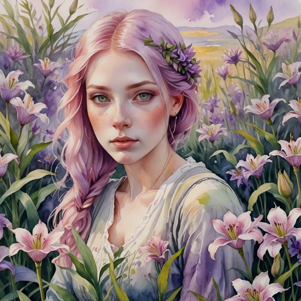 Girl in Lilies Under Purple Sky: Watercolor Illustration