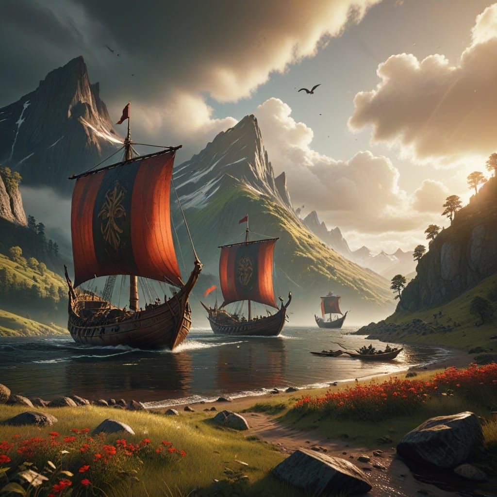 Viking Longships Sail into a Verdant Valley under Golden Sun...