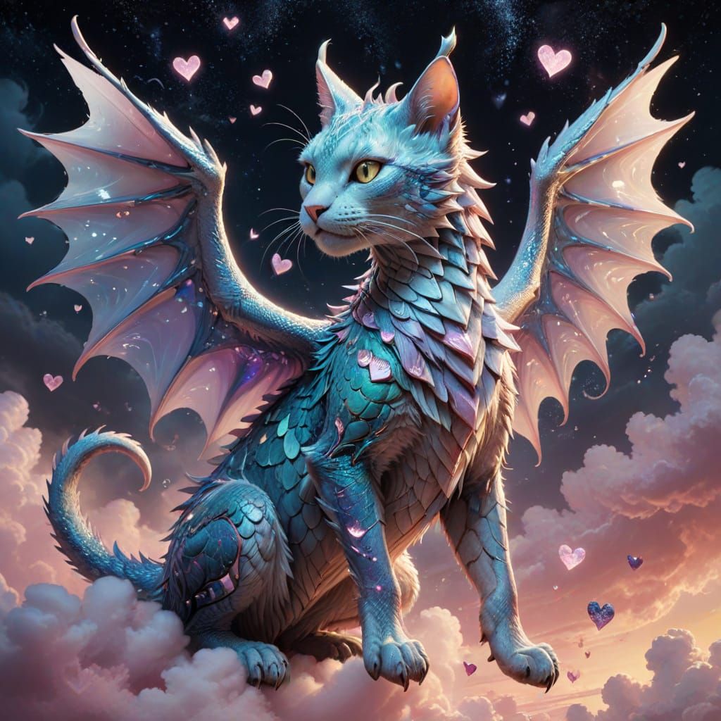 Majestic Cat Dragon Soars Through Whimsical Cloud of Hearts ...