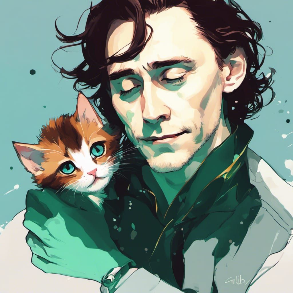 Anime Still: Man Snuggling Kitten in Digital Painting