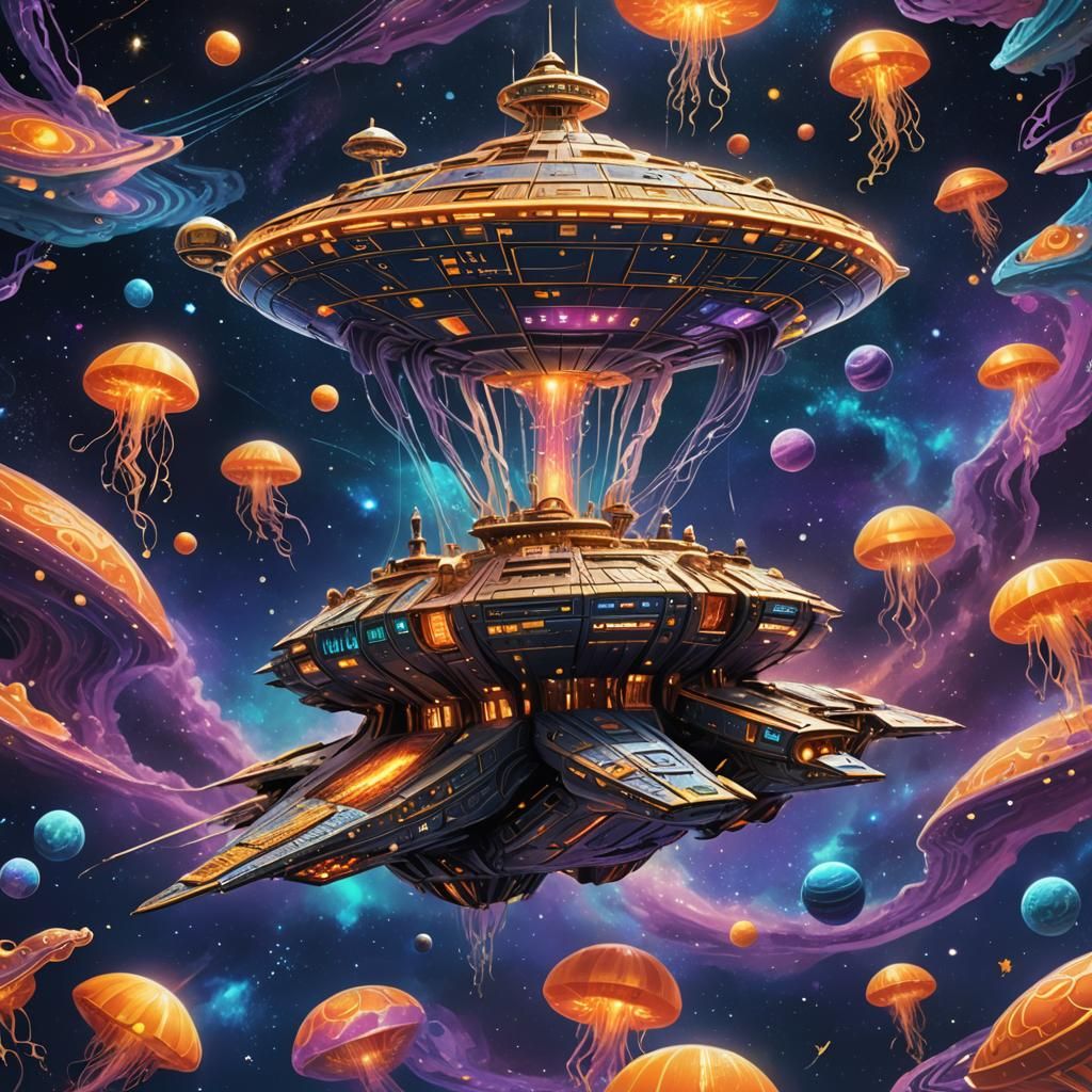 Majestic Spaceship Sails Through Cosmic Sea