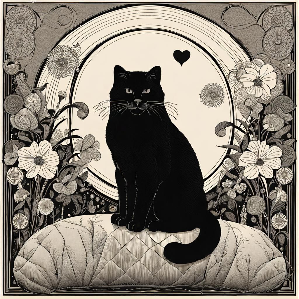Cat Surrounded by Flowers in Beardsley Style