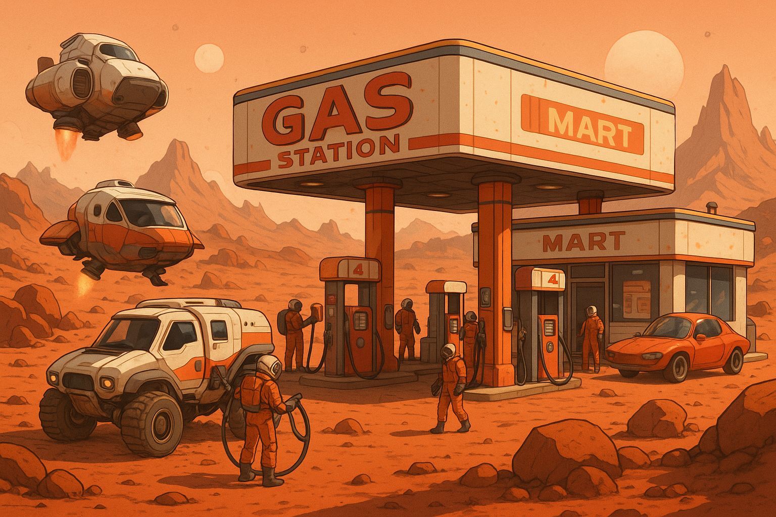 Busy Gas Station on Mars: A Futuristic Scene