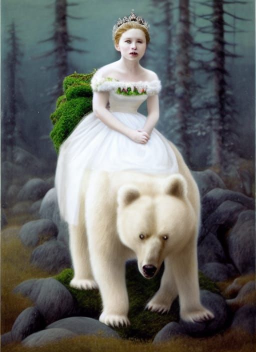 Princess Rides Bear in Magical Mossy Landscape