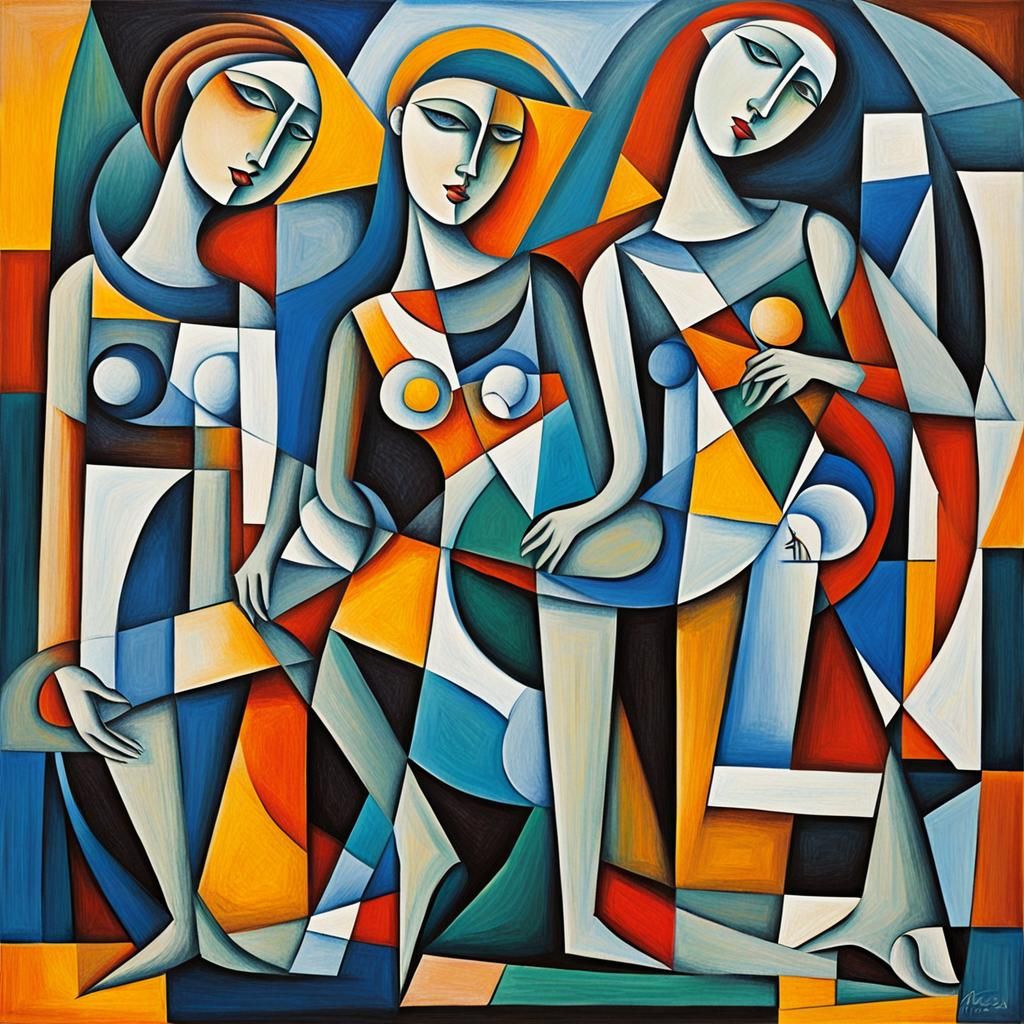 Women in Solidarity: A Joyful Cubist Drawing