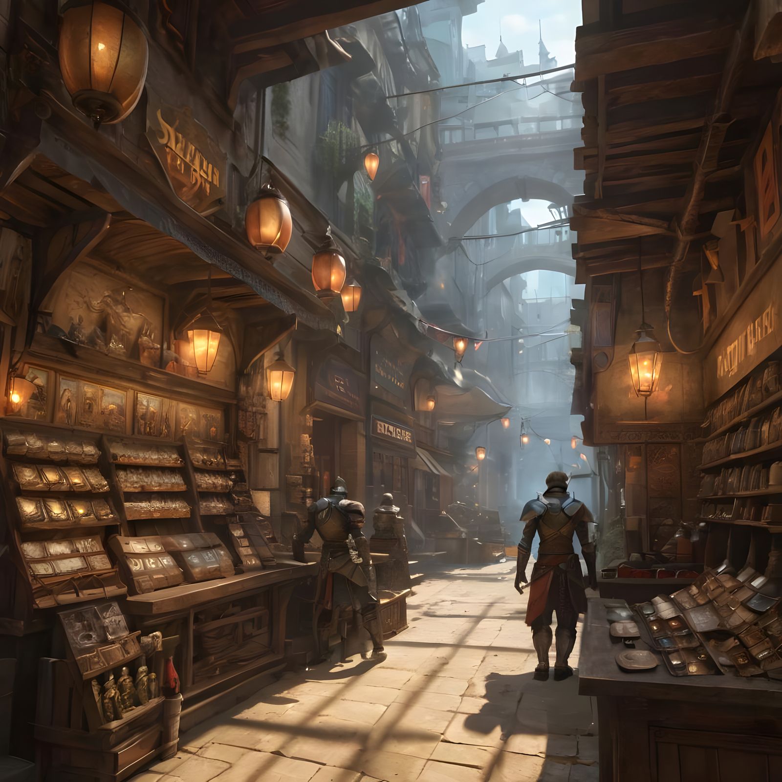 Fantasy Armor Shop in Bustling Street Scene