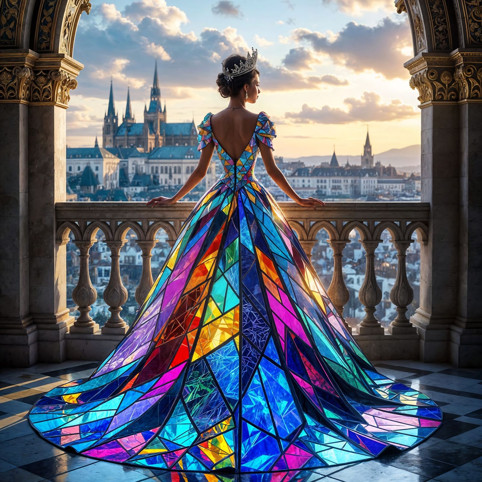 Regal Queen in Iridescent Glass Gown Overlooking Kingdom