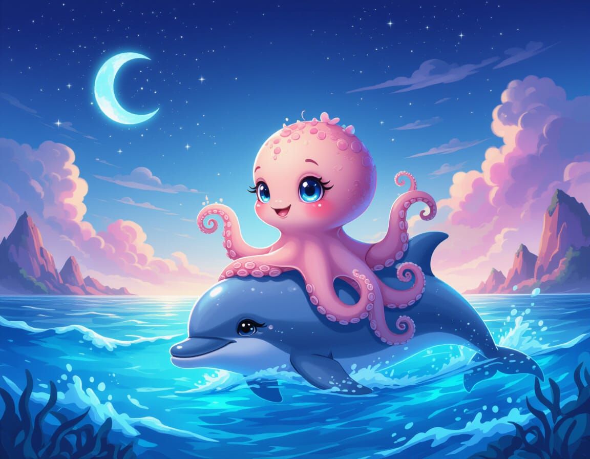 Turquoise and Purple Octopus Rides Dolphin in Fantasy Seasca...