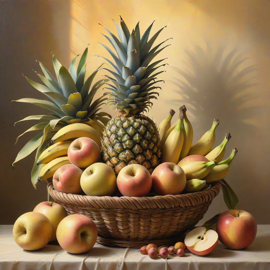 Golden Still Life of Fresh Fruits in a Woven Basket