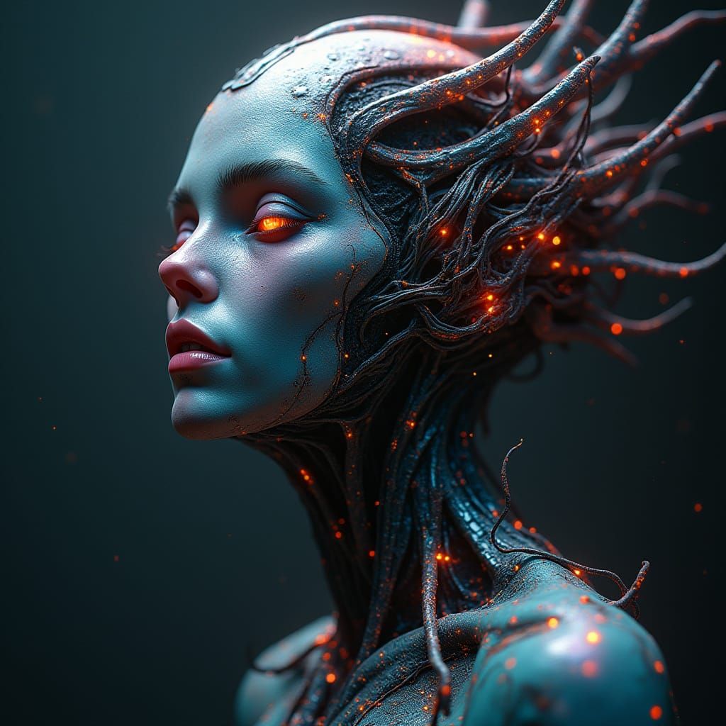 Cybernetic Goddess in Dark, Futuristic Landscape