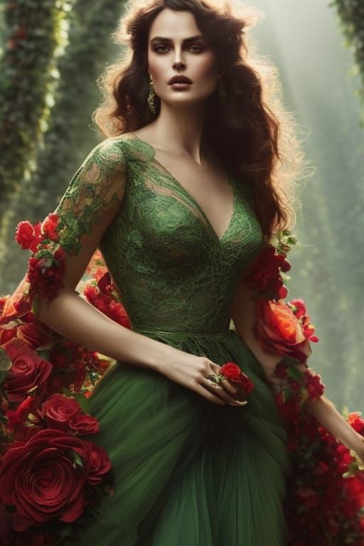 Woman in Green Lace Gown, Fantasy Digital Art