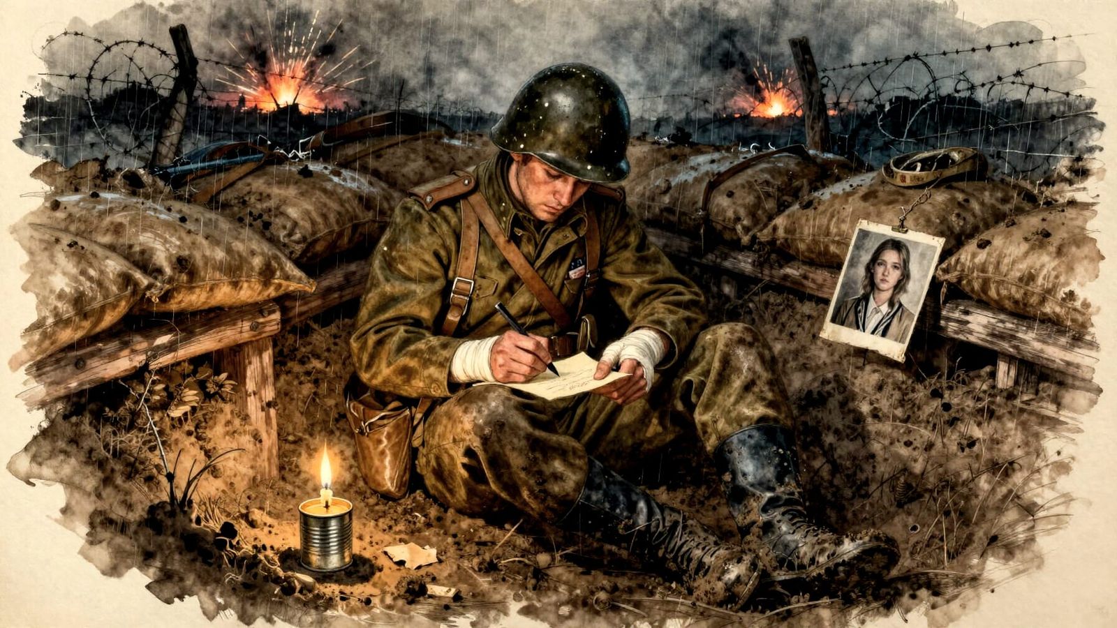 WWI Soldier Writes Love Letter in Muddy Trench