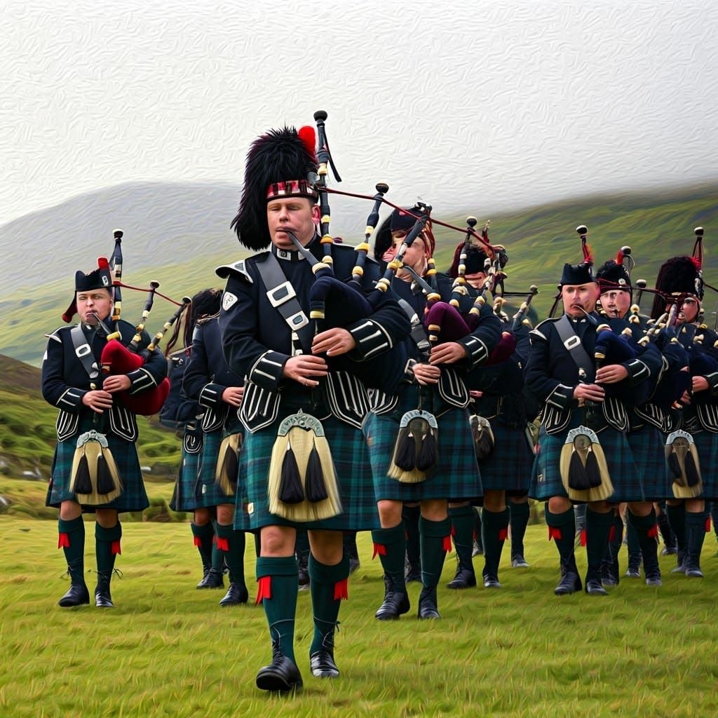 15 Scottish Pipers March in Precise Formation, Set Against R...