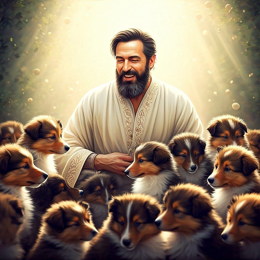 Joyful Bearded Man Surrounded by Scottish Shepherd Puppies i...