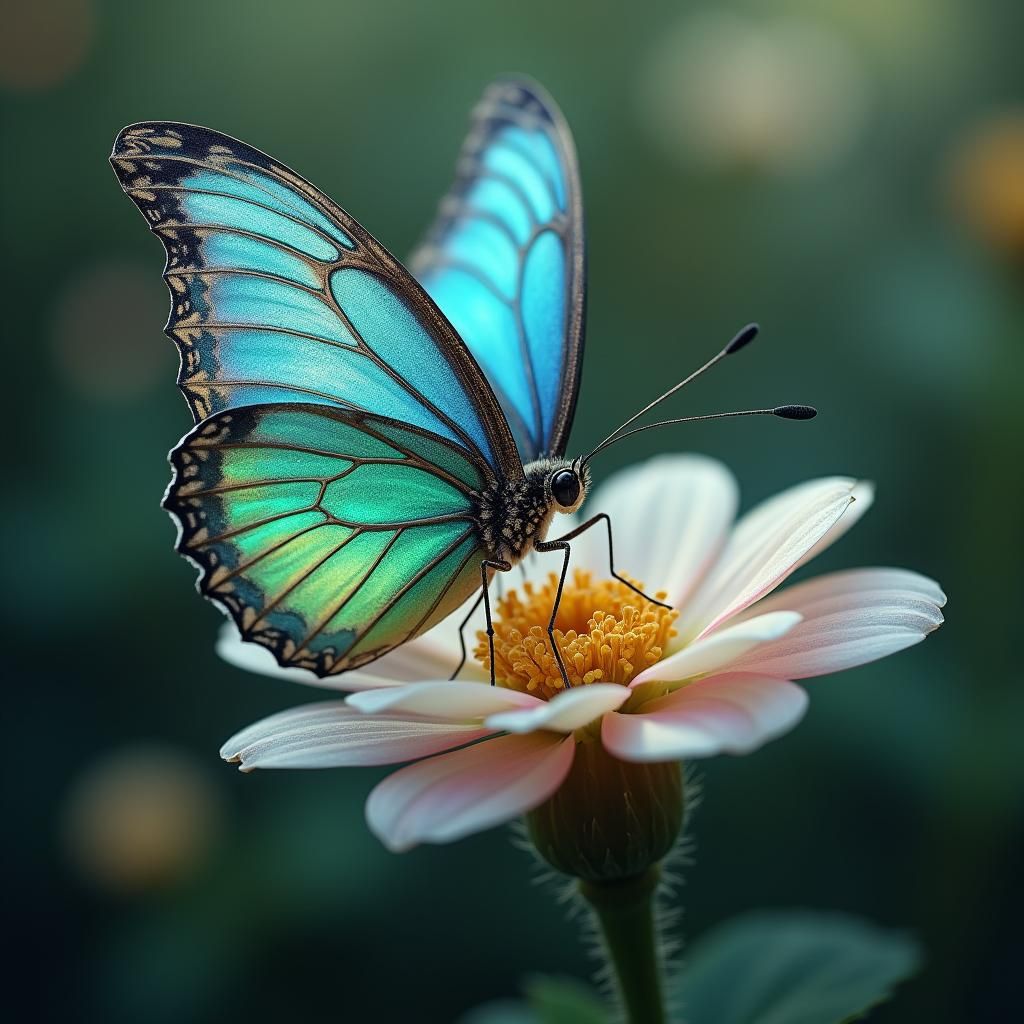 Iridescent Butterfly on Flower in Ethereal Style