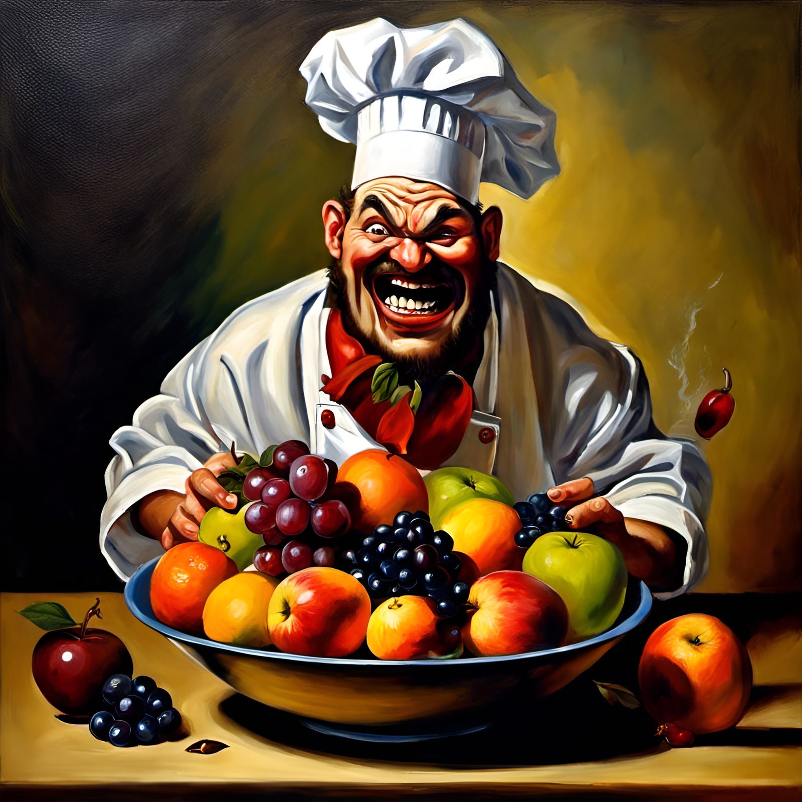 Terrified Fruit Faces Chef's Knife in Still Life