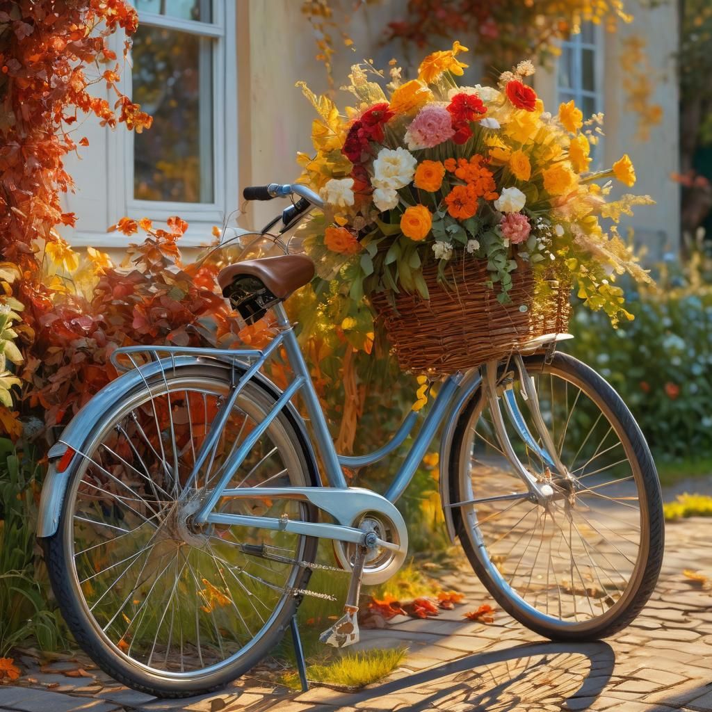 Impressionistic Bicycle with Flowers in Golden Sunlight
