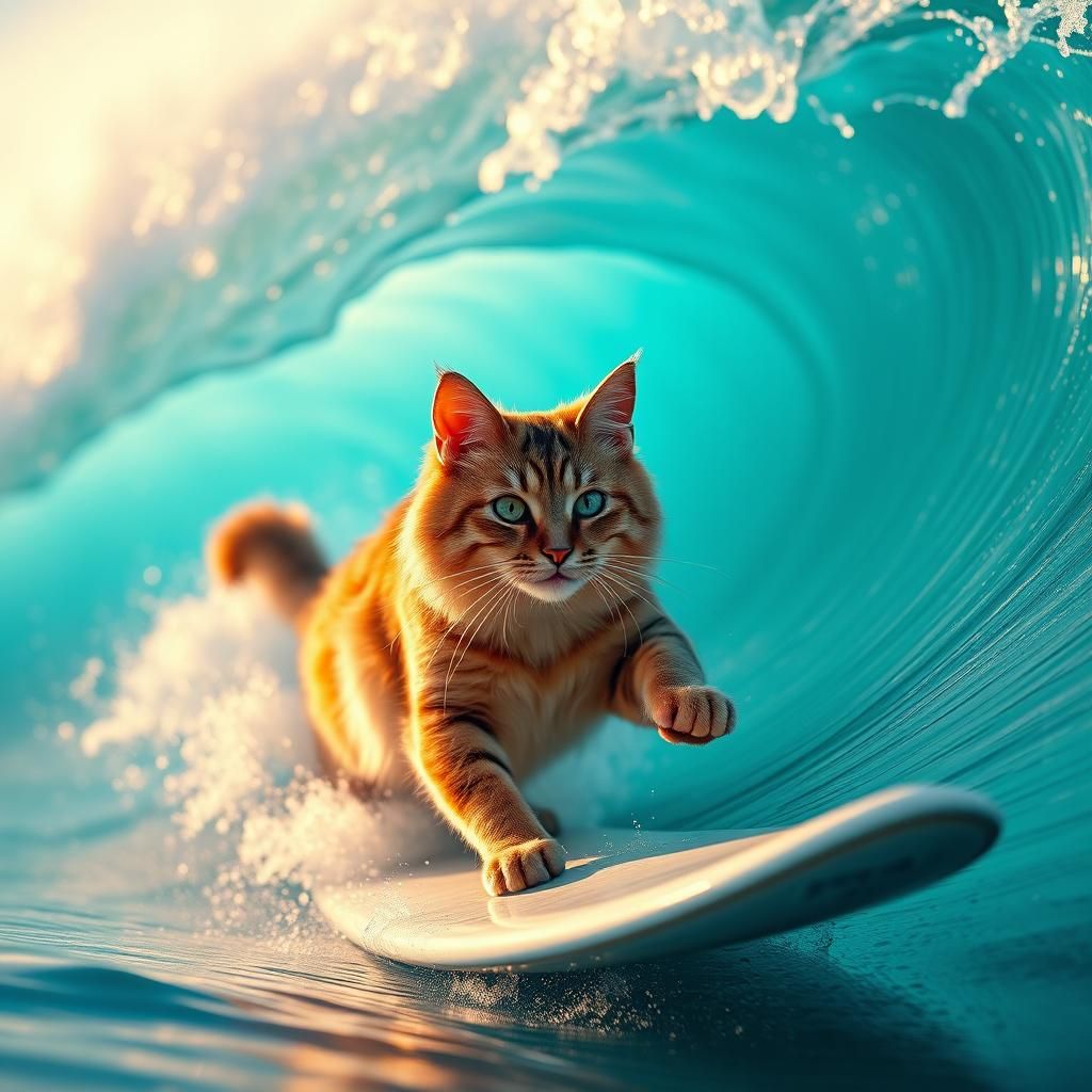 Majestic Cat Surfing a Wave as Digital Painting