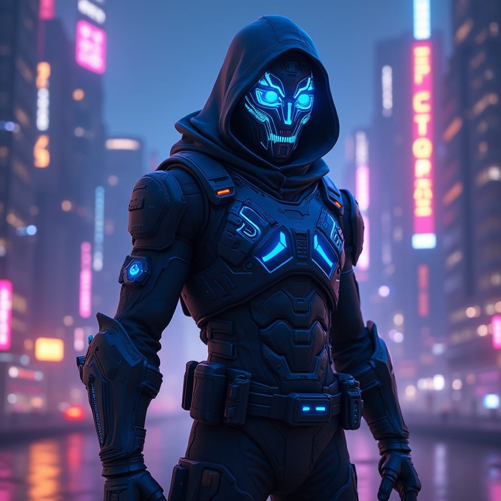 Futuristic Hacker in Cyberpunk Style Armored Suit