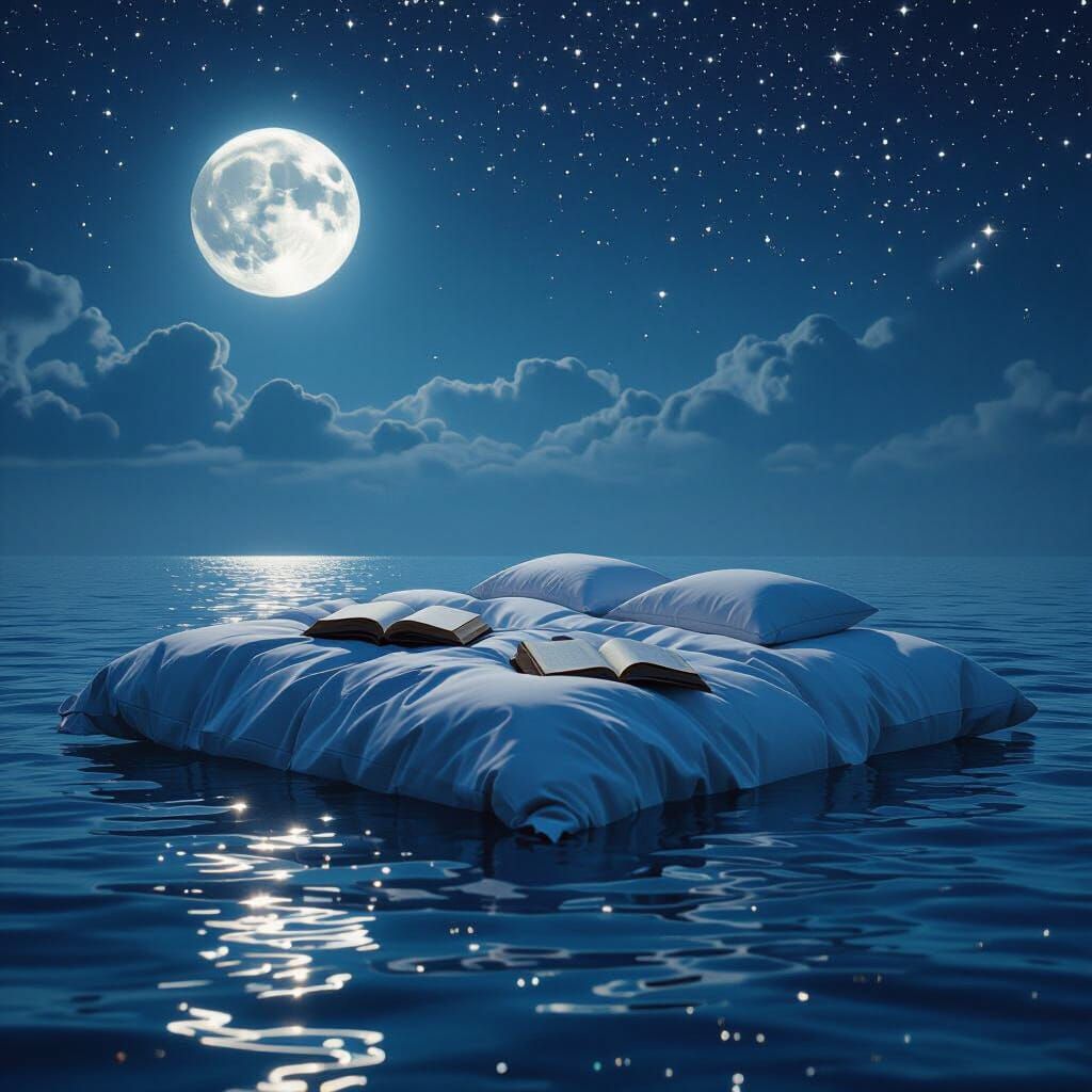 Dreamlike Bed Floating on a Moonlit Sea