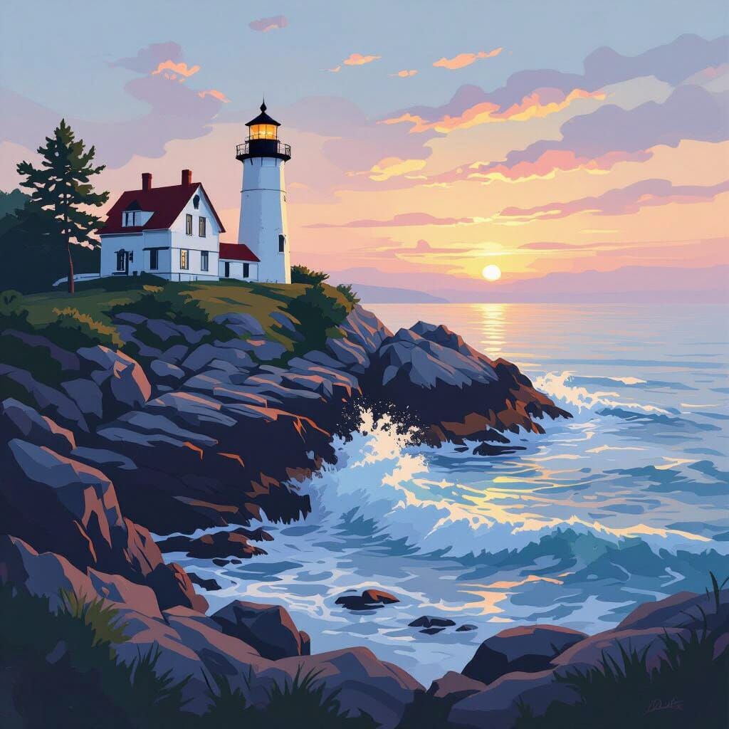 New England Lighthouse at Sunset in Realistic Style