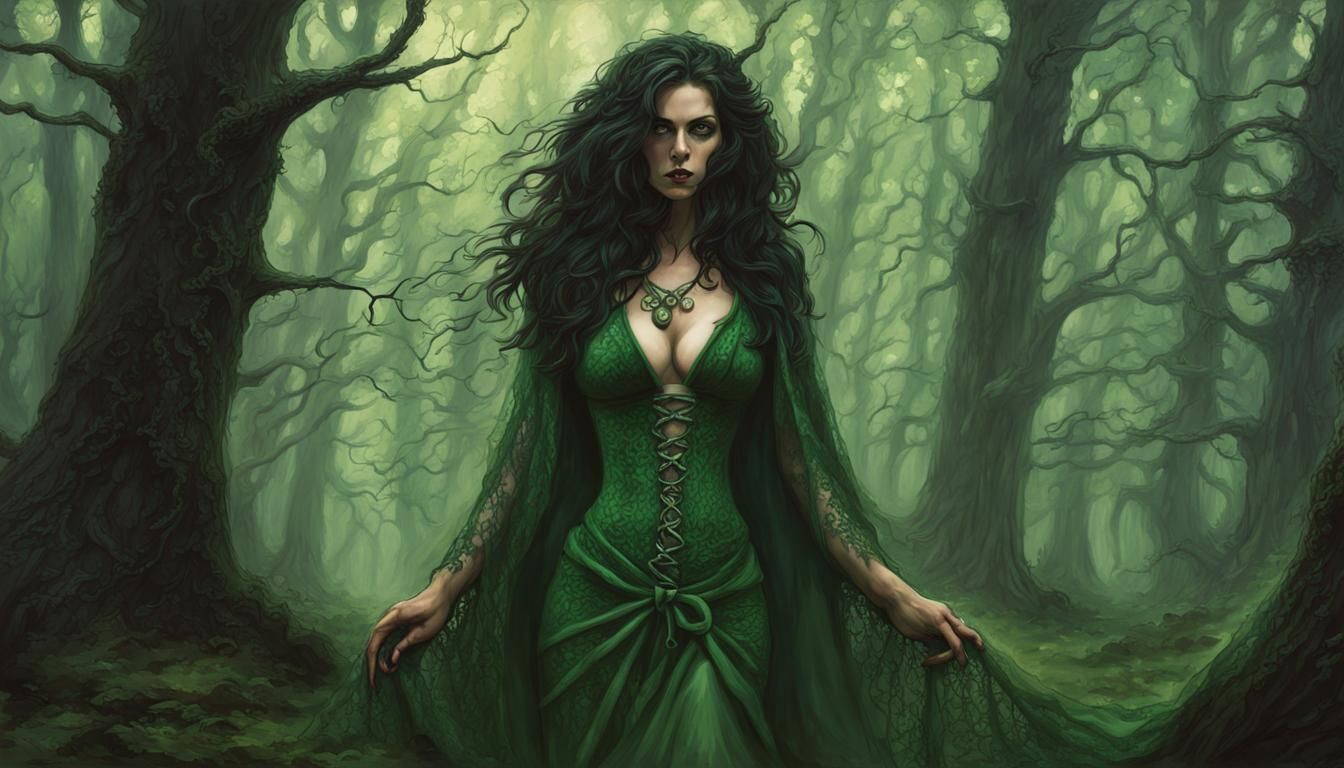 Hot Female Celtic witch in the woods in green lace
