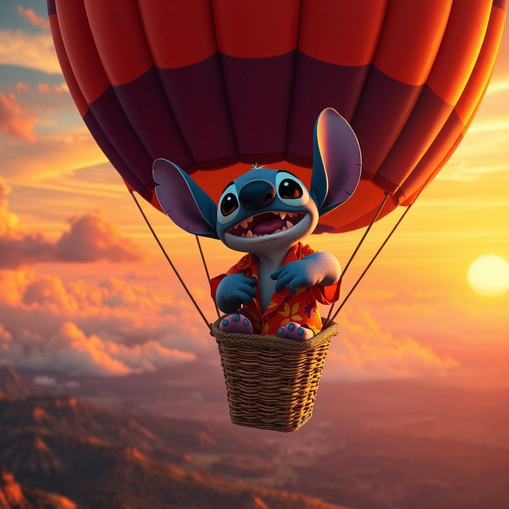 Stitch in Hot Air Balloon at Sunset