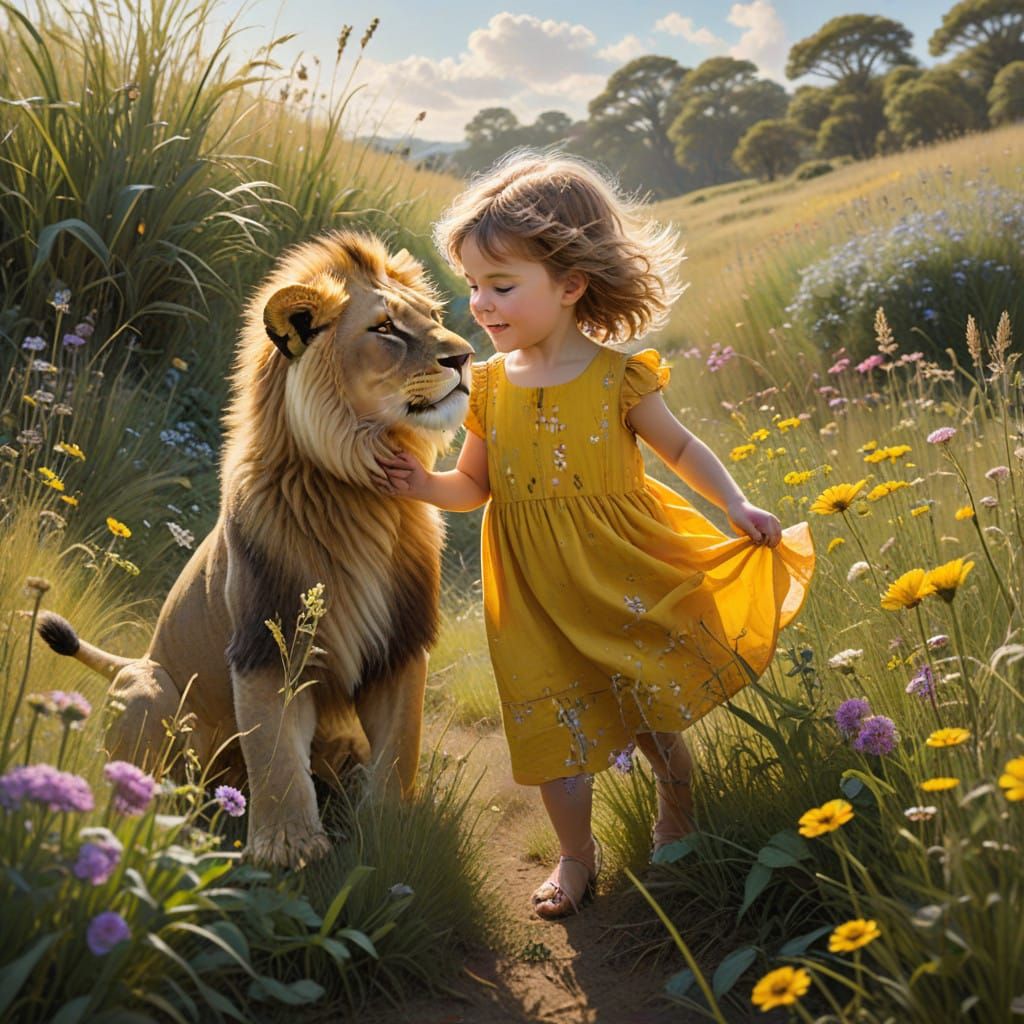 Golden Lion Cub Friends with Curly-Haired Toddler in Whimsic...