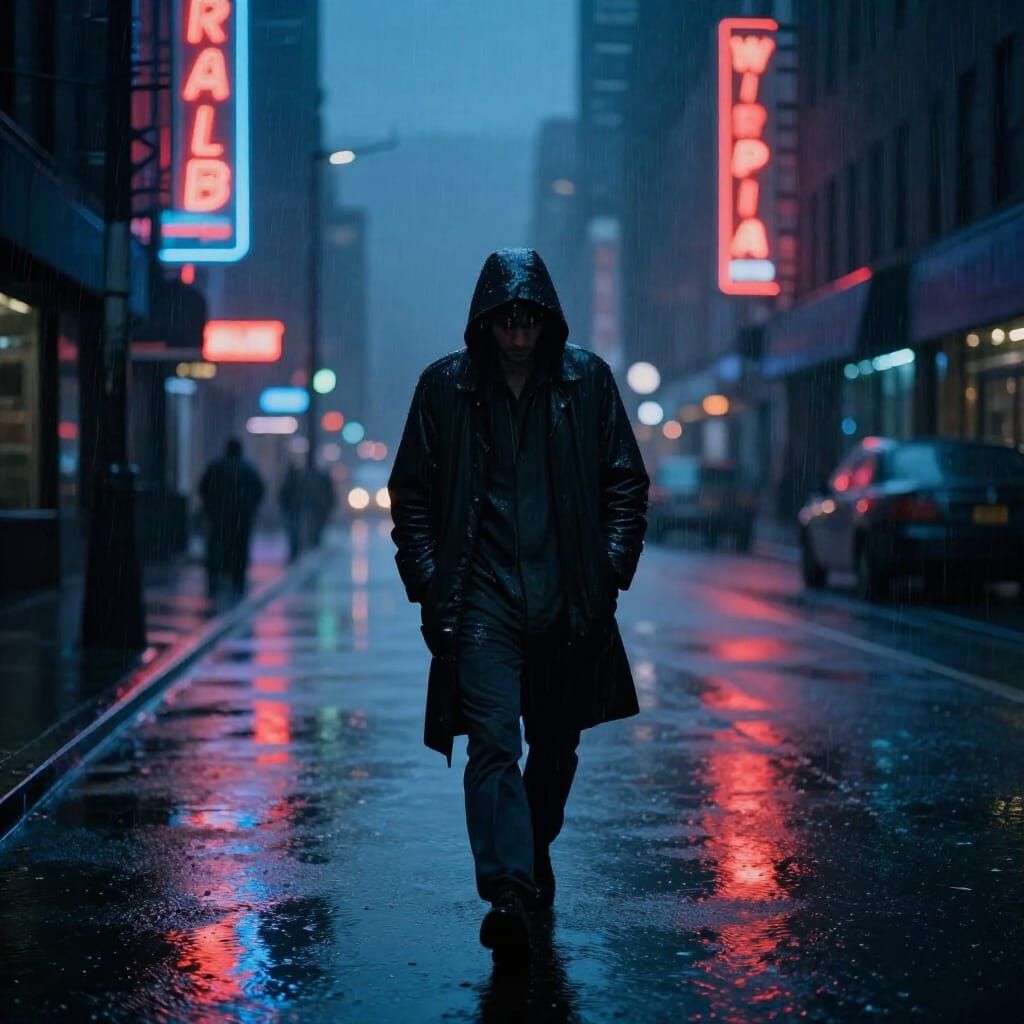 Lone Figure in Neon-Lit Rainy Cityscape
