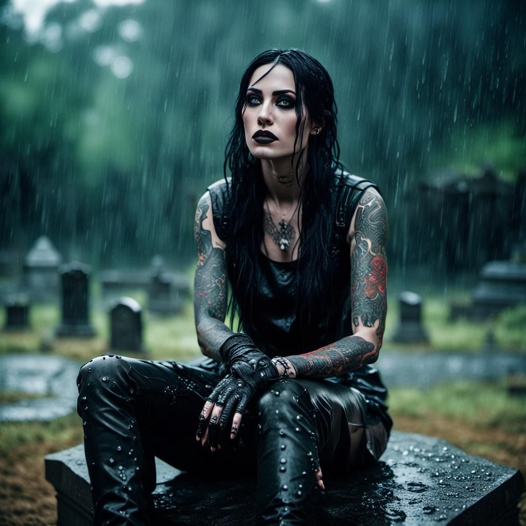 Gothic Girl in Rainy Graveyard: Cinematic Film Still