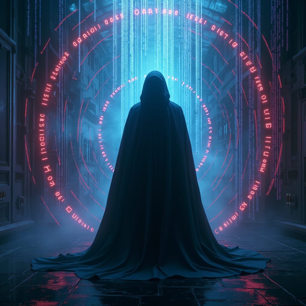 Dark Faceless Figure in Glowing Cybernetic Matrix