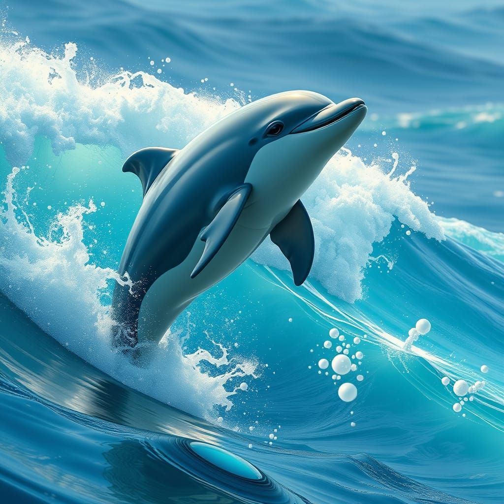 Dolphin Leaping in Turquoise Waves: Futuristic Concept Art