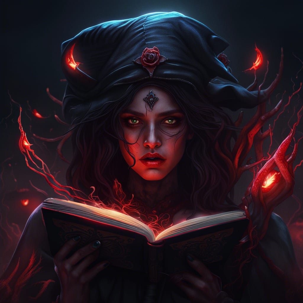 Possessed Witch Reading Under Blood Moon in Dark Fantasy Sty...