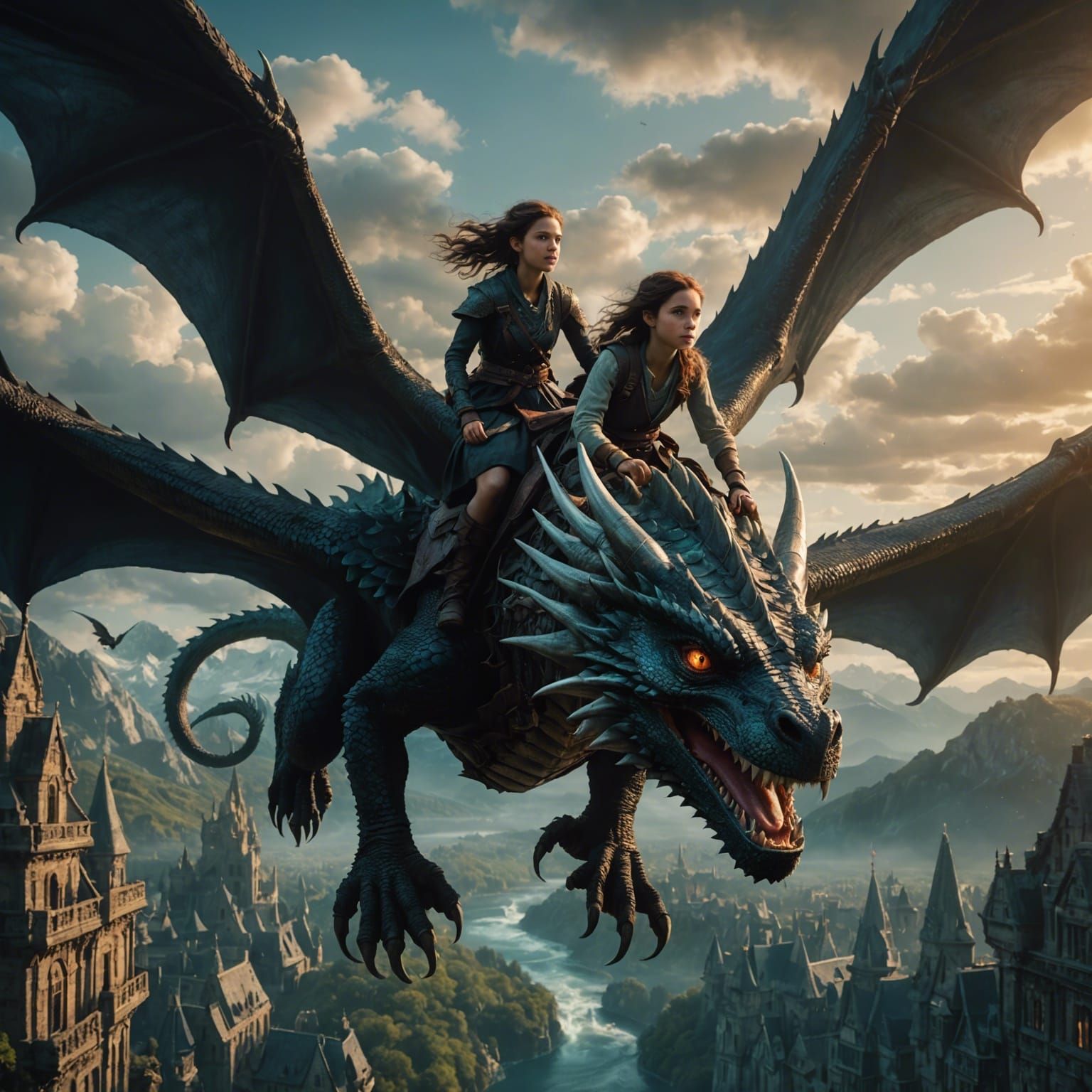 Girl and Dragon in Flight: Epic Digital Painting