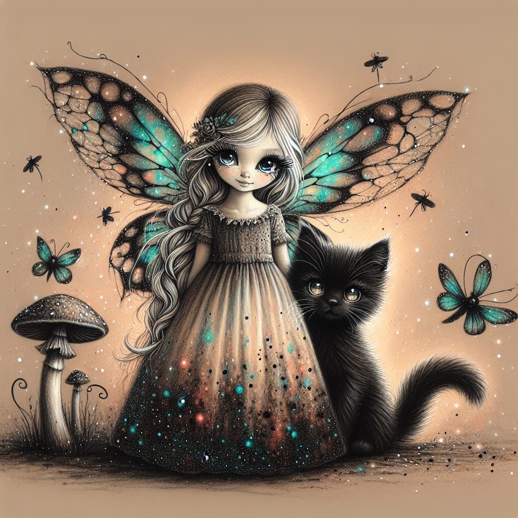 Whimsical Fairy with Bioluminescent Wings and Kitten
