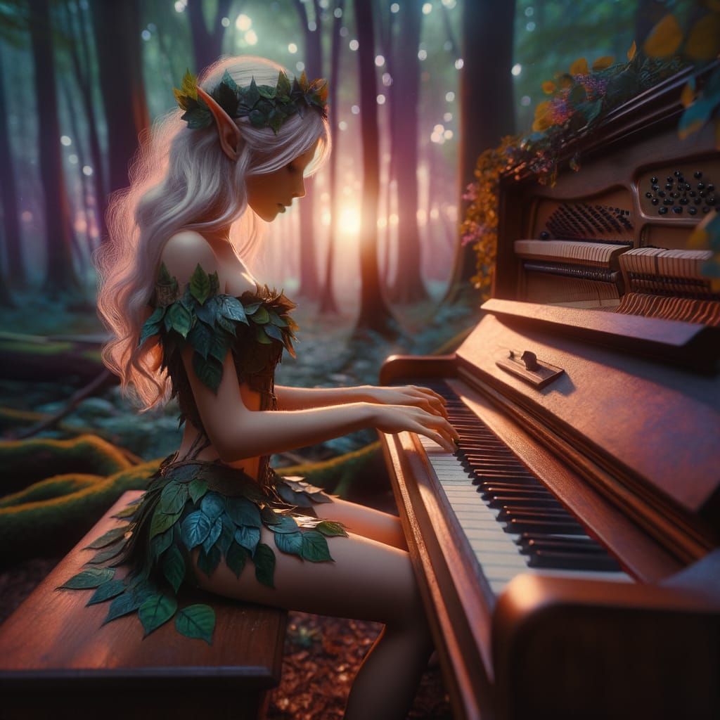 Elven Pianist in Magical Sunset Forest