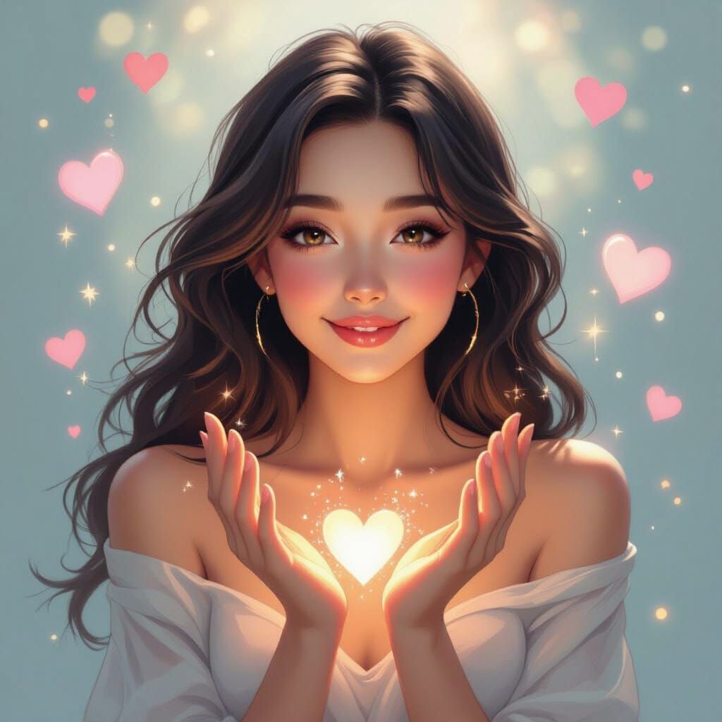 Ethereal Portrait of Woman with Glowing Hands and Hearts