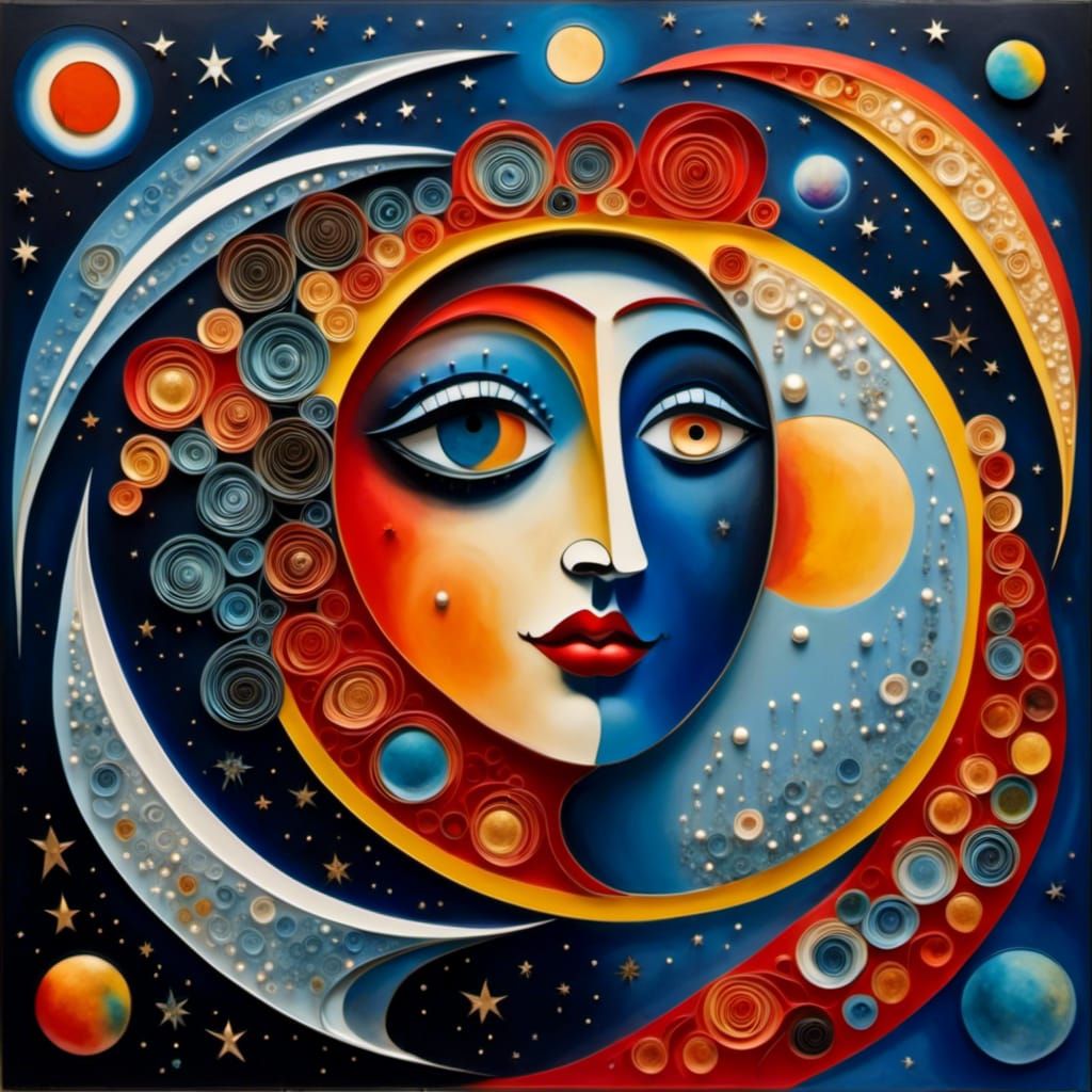 Surreal Moon Face Surrounded by Planets