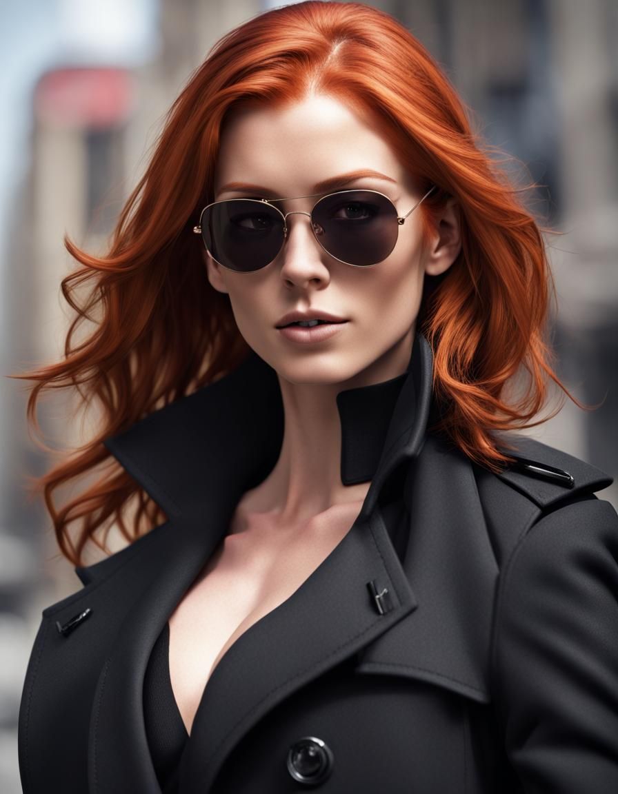 Red-Haired Female Spy in Black Trench Coat