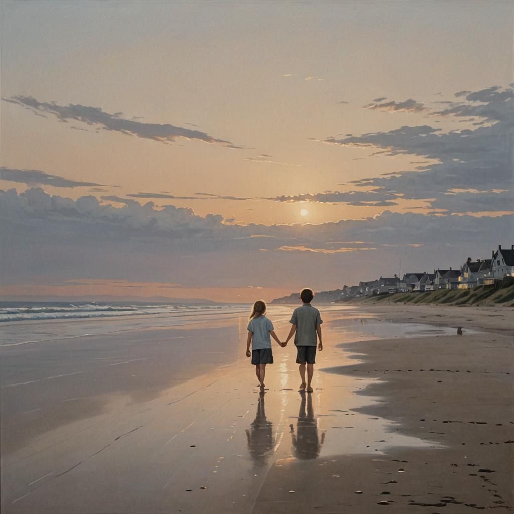 Children on Beach at Sunset: Photorealistic Seascape