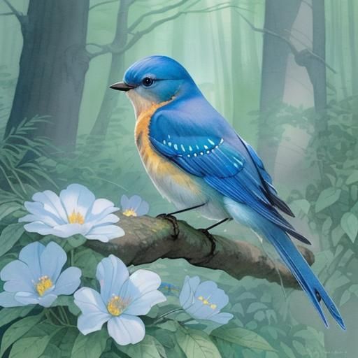 Bluebird in Natural Habitat: Watercolor Illustration