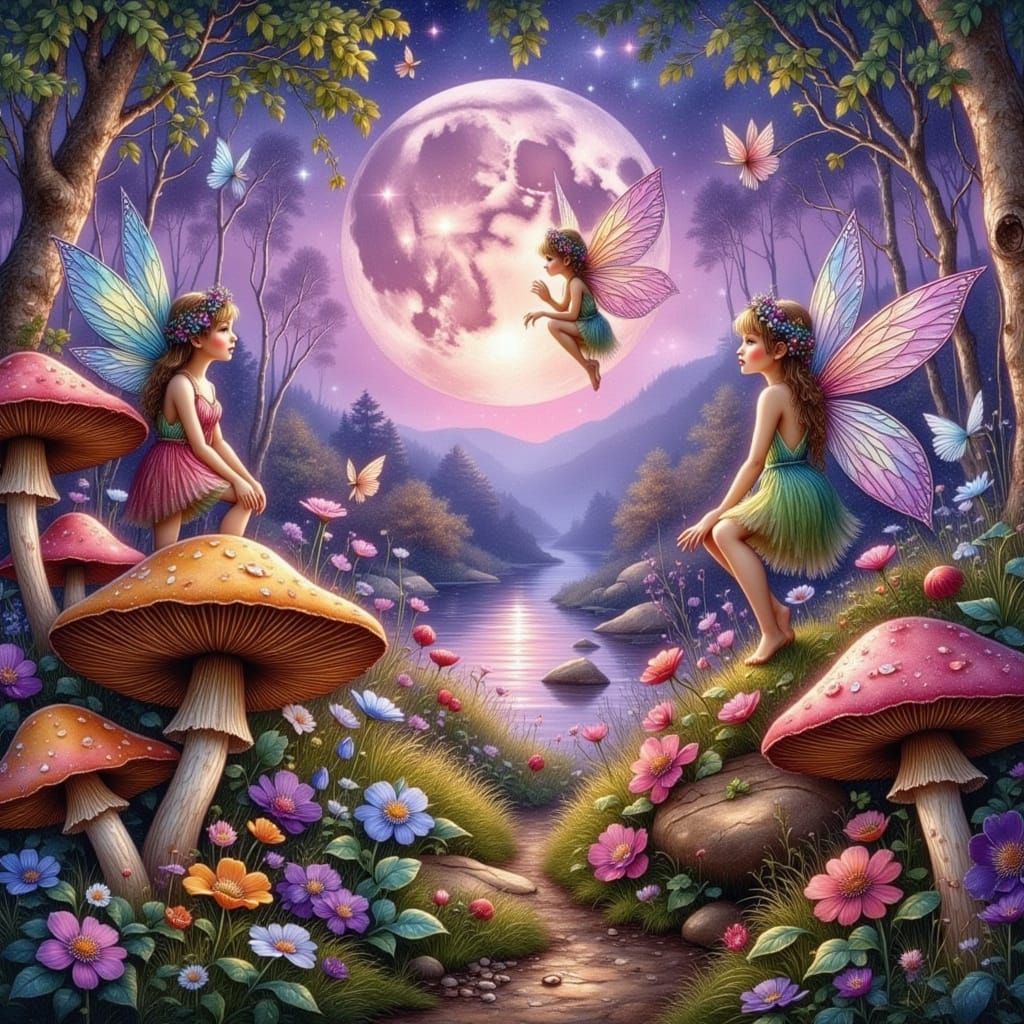 Magical Fairies in Enchanted Forest under Full Moon