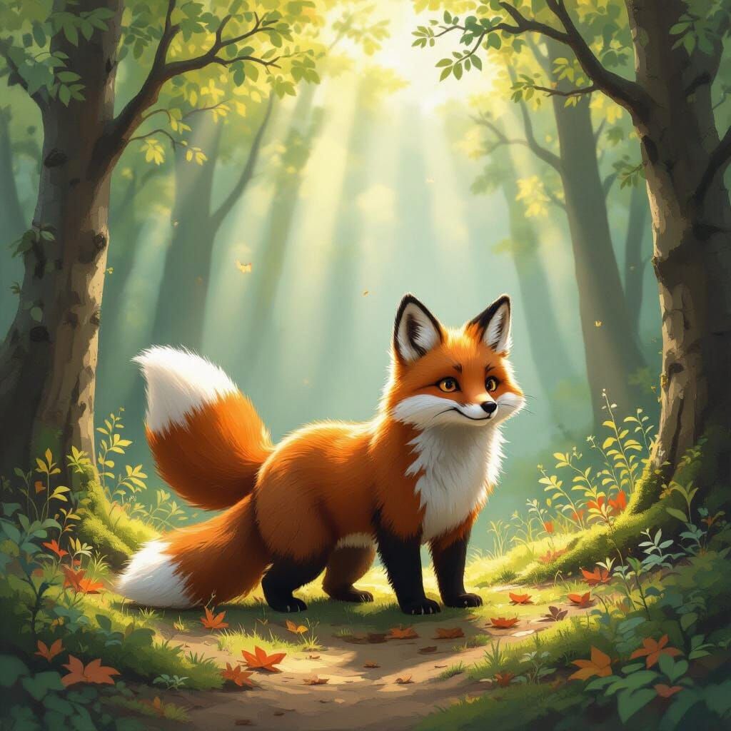 Whimsical Fox-Bear Hybrid in Sun-Dappled Forest