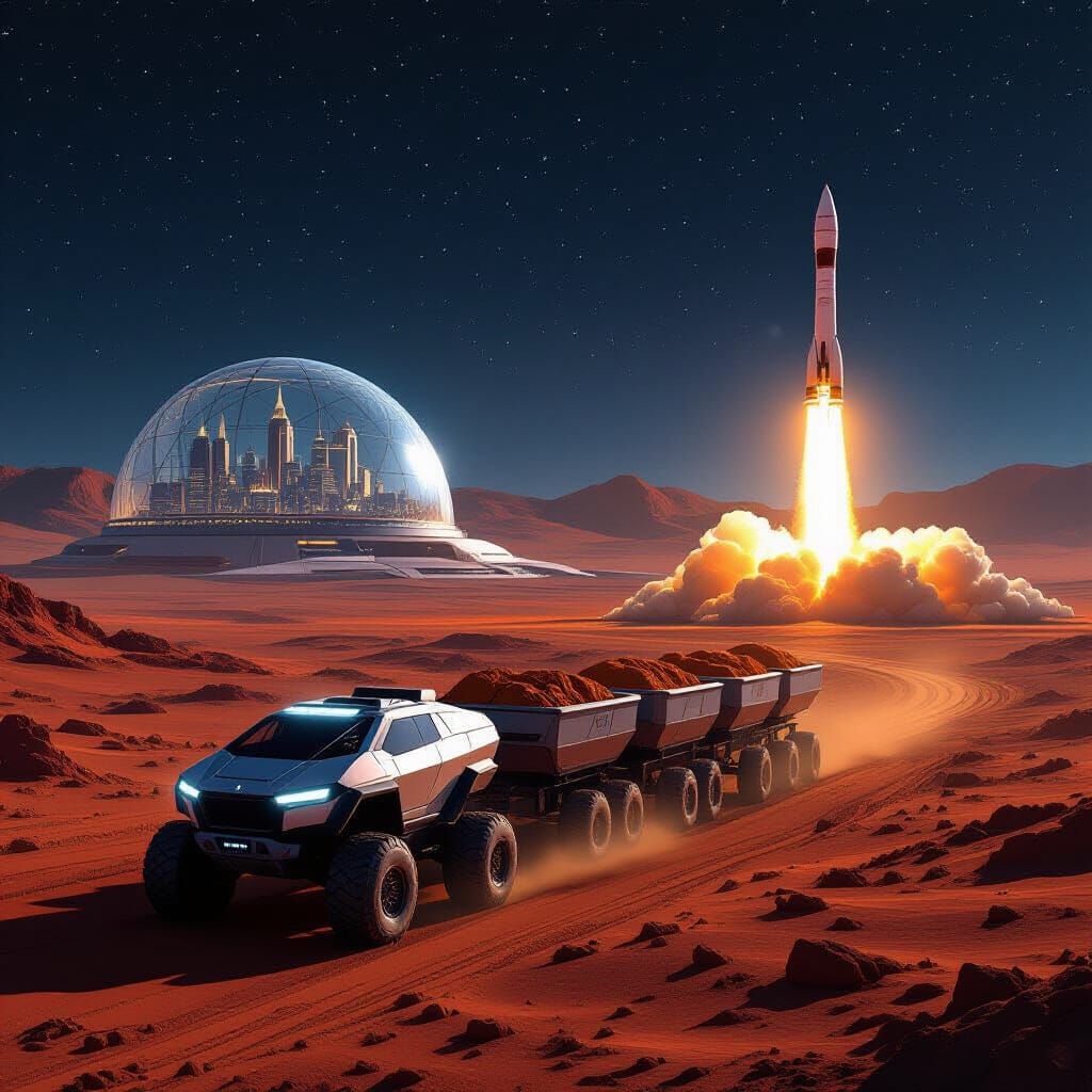 Mars Explorer Vehicle Hauling Trailers Under Starry Night