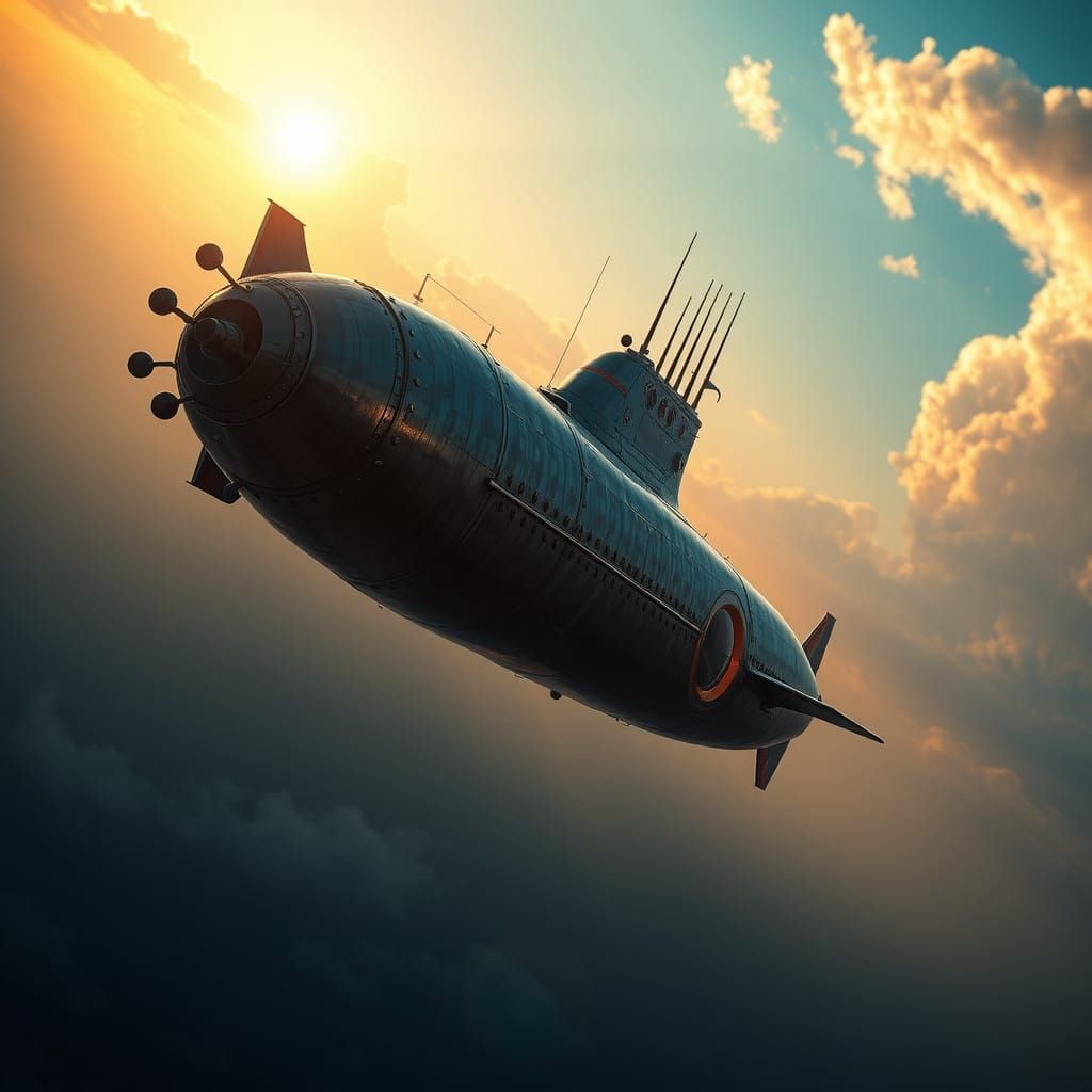 Futuristic Flying Submarine Soars Through Morning Sky