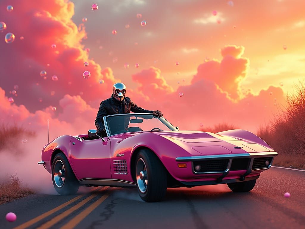 Anonymous Ray with his mask on driving a 1969 convertable co...