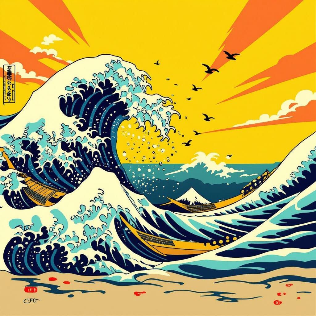 Vibrant Yellow Waves Crashing on Shore in Pop Surrealism