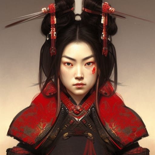 Female Samurai in Red and Black Armor