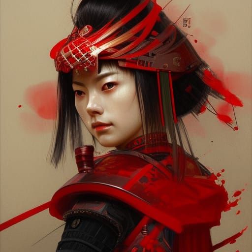 Hard Eyed Samurai in Red and Black Armor
