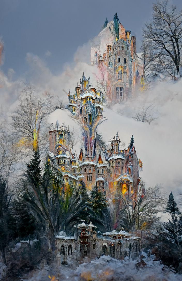 Snowy Gothic Castle Reflecting Sunlight, Art Nouveau Style